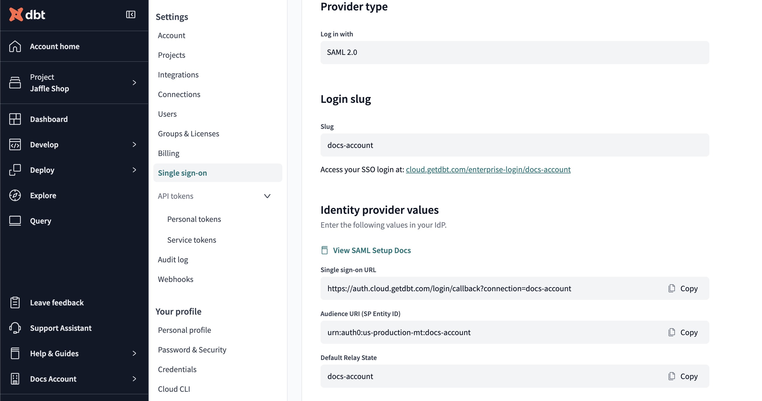 Example of the identity provider values for a SAML 2.0 provider