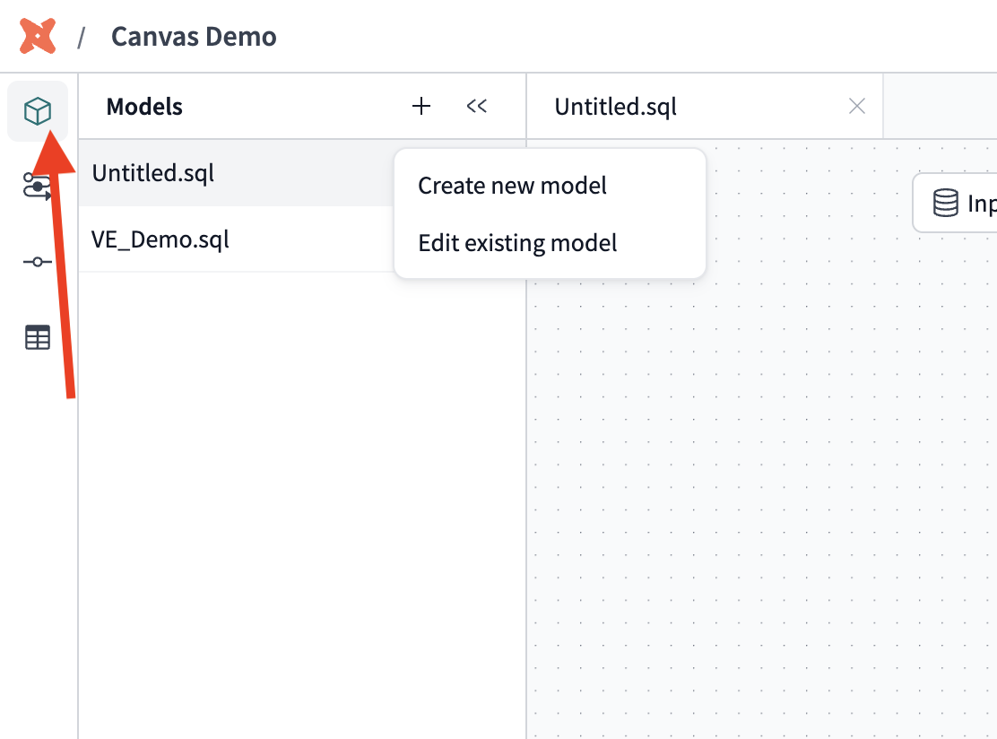 Create a new model from the Canvas landing page.
