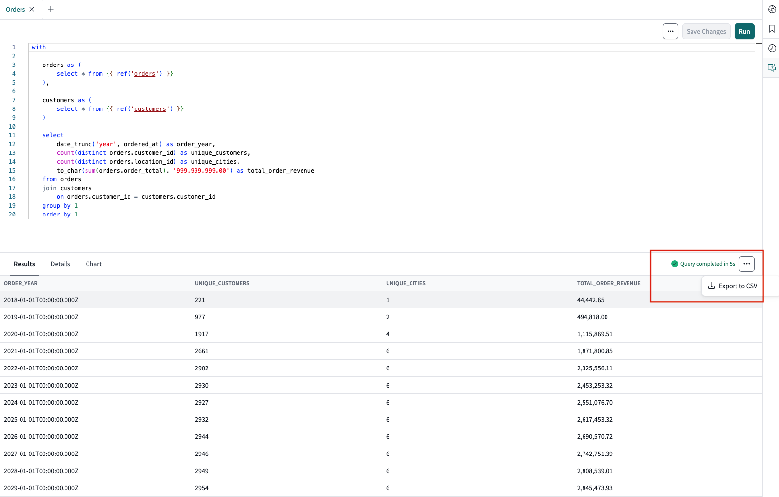 dbt Insights Export to CSV