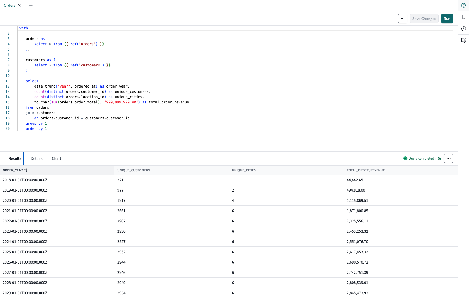 dbt Insights Results tab