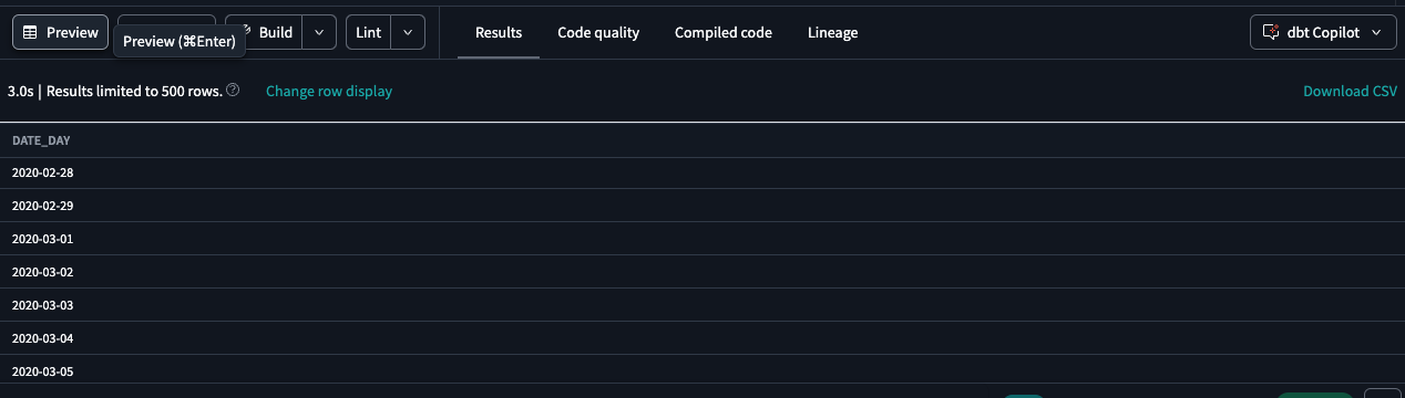 Preview the time spine model in dbt Cloud IDE